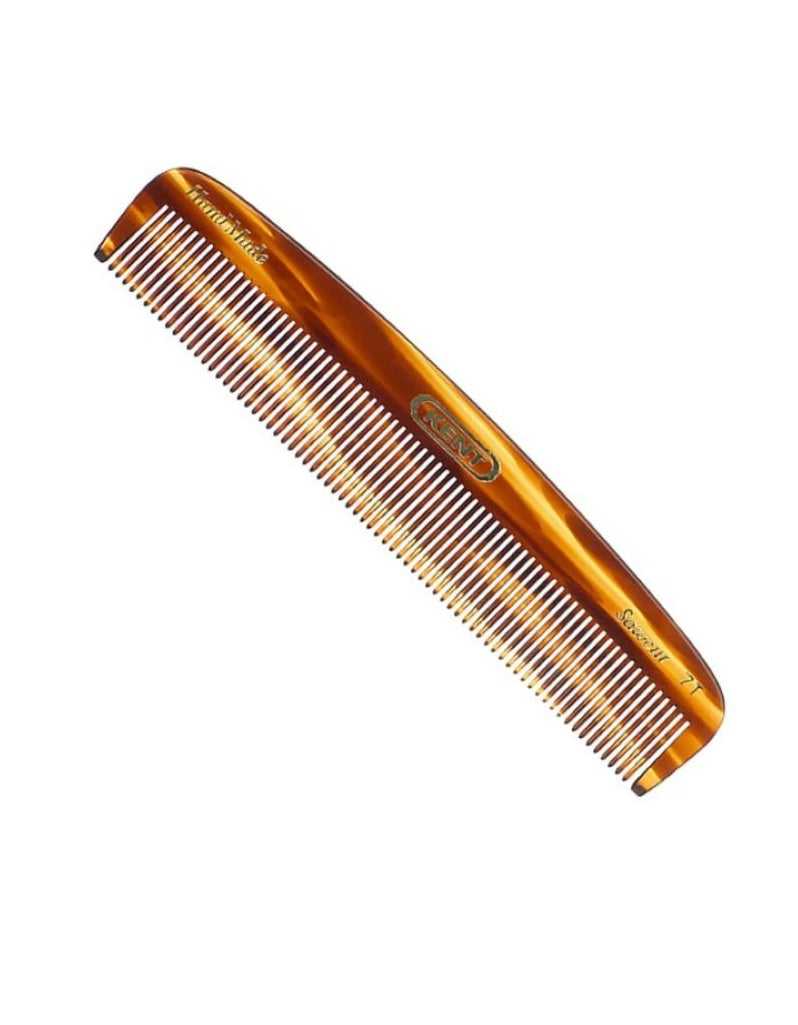 A handheld, 136mm, fine-toothedKent hair comb made of cellulose acetate with a tortoiseshell pattern.