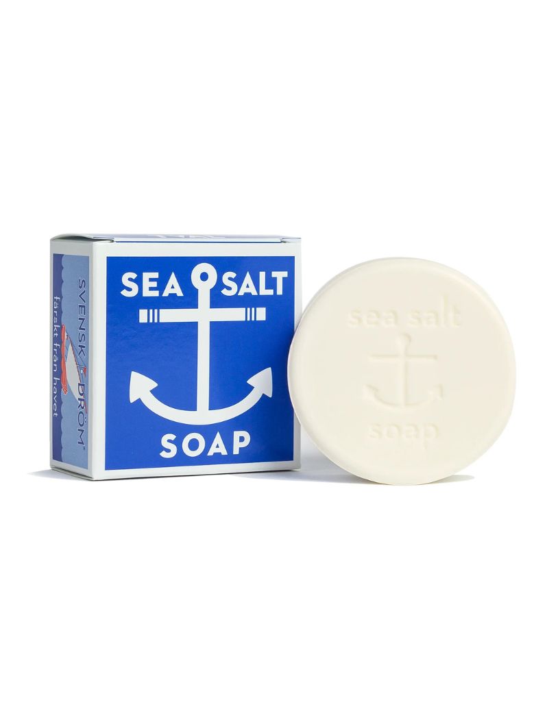 KalaStyle Swedish Dream Sea Salt Soap bar next to its blue and white packaging box with an anchor graphic, on a clean white background.