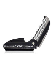 A folded black Kent brand beard and moustache comb with the text 'Hand Made KENT Sawcut 87 TG' on the side.