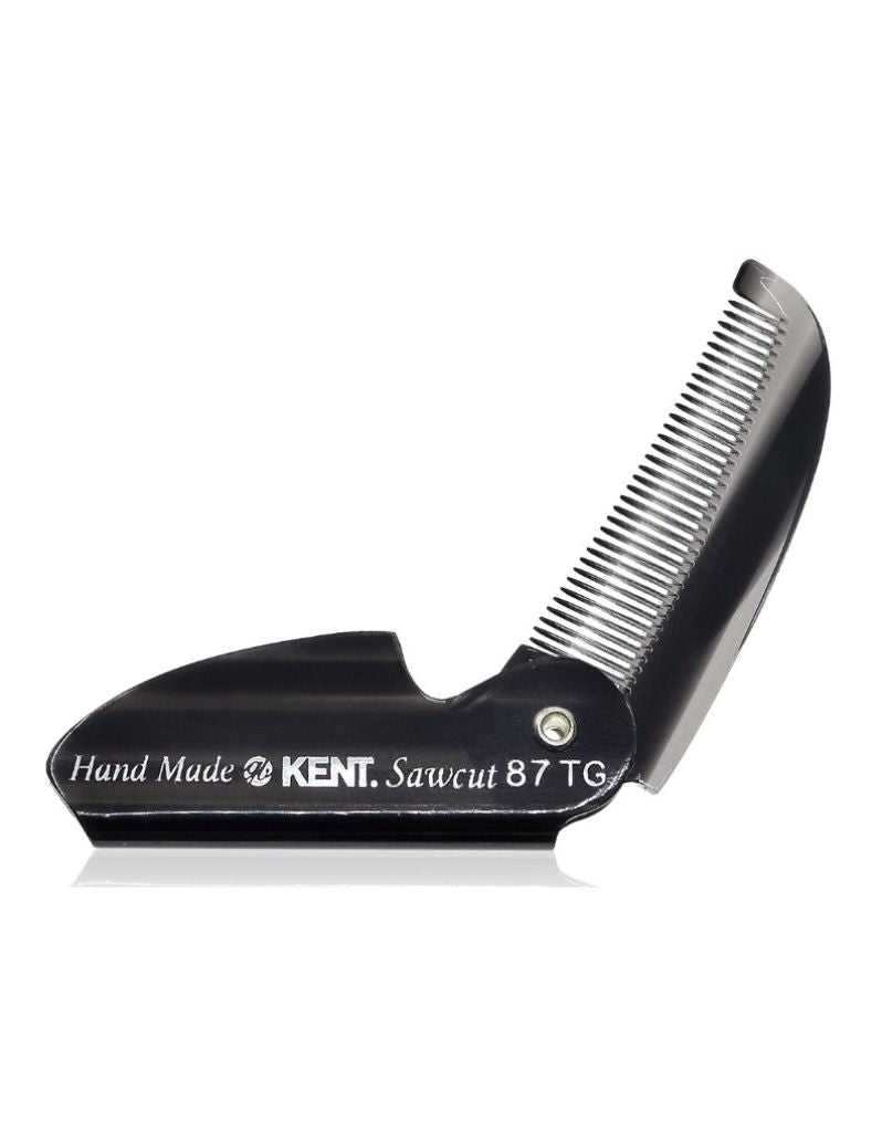 A folded black Kent brand beard and moustache comb with the text 'Hand Made KENT Sawcut 87 TG' on the side.