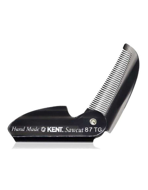 A folded black Kent brand beard and moustache comb with the text 'Hand Made KENT Sawcut 87 TG' on the side.