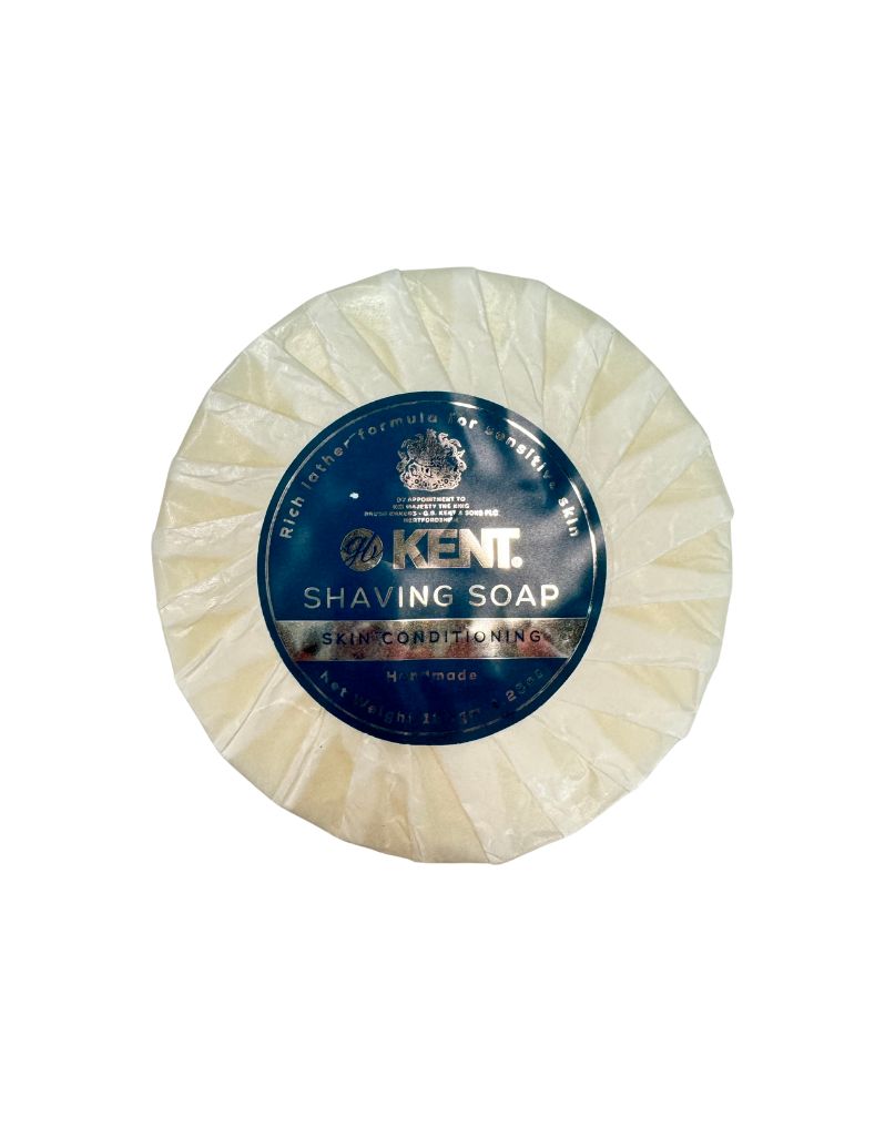 Kent Shaving Soap puck with blue label, handmade and skin conditioning