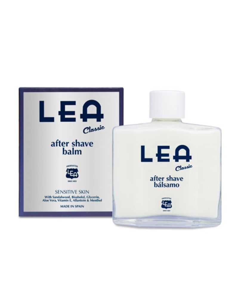 LEA After Shave Balm for sensitive skin with aloe, menthol, and vitamin E in a 100ml glass bottle