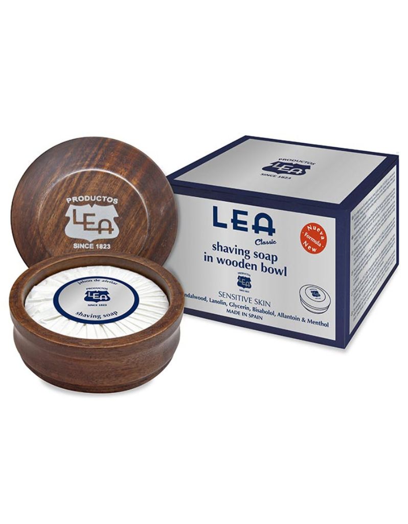 LEA Classic shaving soap in wooden bowl with lanolin, menthol, and sandalwood for the most sensitive skin