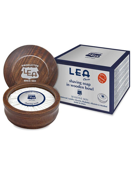 LEA Classic shaving soap in wooden bowl with lanolin, menthol, and sandalwood for the most sensitive skin