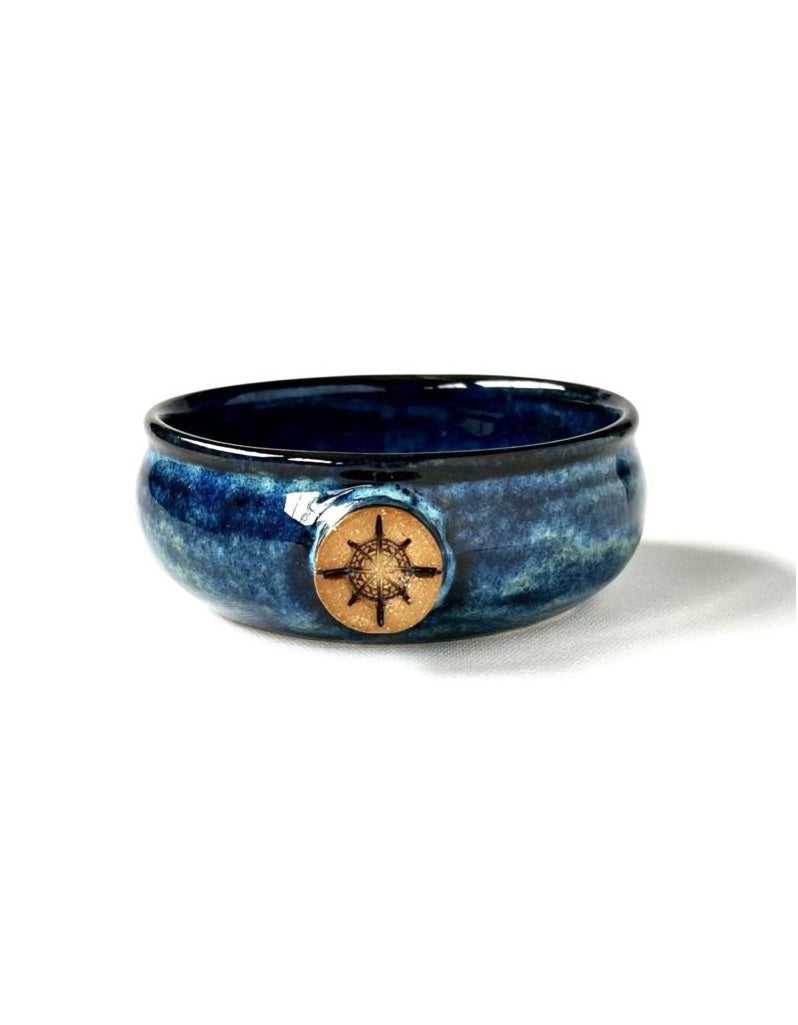 Handcrafted ceramic lather bowl with ridges, thumb rest, and glossy Cobalt blue.