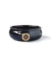 Handcrafted ceramic lather bowl with ridges, thumb rest, and glossy Gunmetal black glaze.