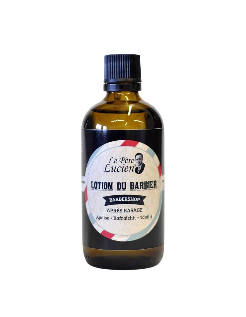 A bottle of Le Pere Lucien Barbershop Aftershave Lotion with a label that includes the product name and a brief description.