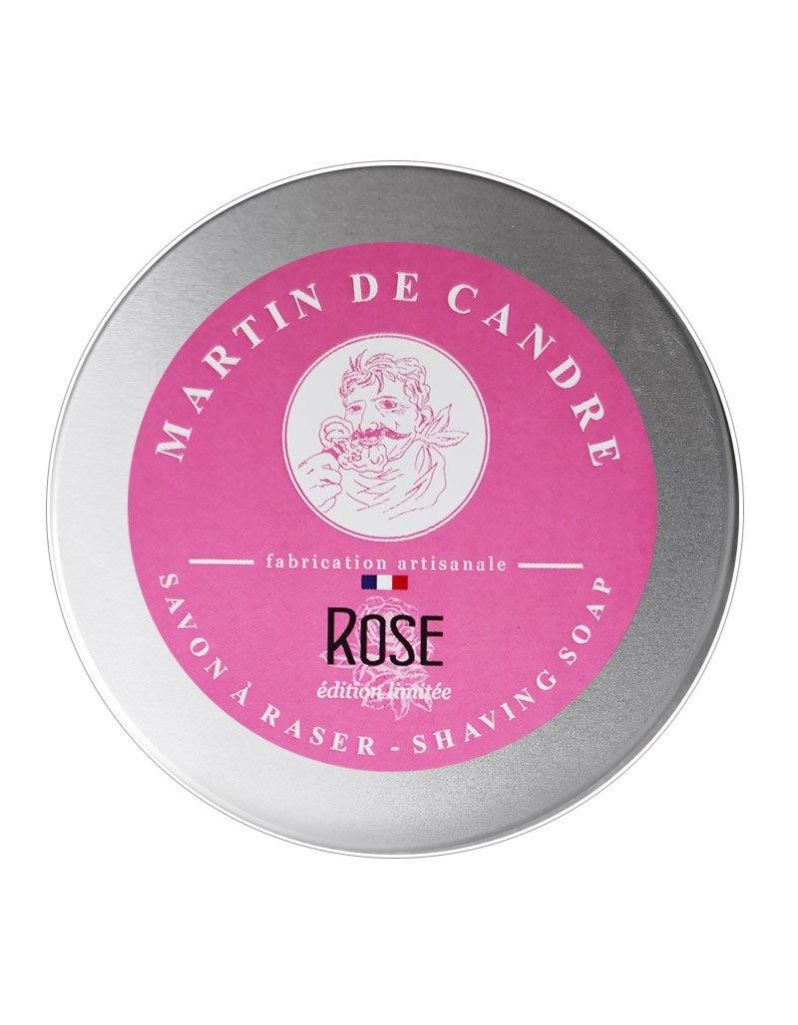 Martin de Candre Rose Shaving Soap – Limited Edition silver tin with pink label, artisan handcrafted savon à raser, made in France