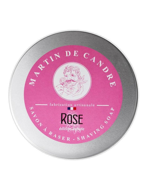 Martin de Candre Rose Shaving Soap – Limited Edition silver tin with pink label, artisan handcrafted savon à raser, made in France
