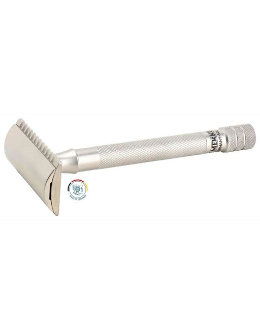 Merkur 25 in Inox Stainless Steel with open comb head and long handle.