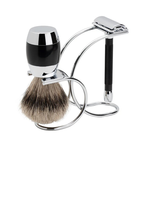 Merkur - 3 Piece Shaving Set, Twin Color Black, Bright Chrome Finish