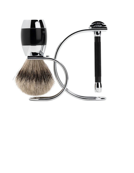 Merkur - 3 Piece Shaving Set, Twin Color Black, Bright Chrome Finish