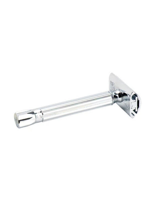 Merkur 510 Progress adjustable safety razor with long bright chrome handle and chrome knob on a white background
