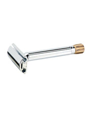 Merkur Progress 510 adjustable safety razor with bright chrome body and antique brass knob on white background