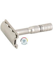 A Merkur stainless steel double-edge safety razor with a knurled handle, shown on a plain white background with a small circular 'Made in Germany' emblem below it. Model 933 Inox