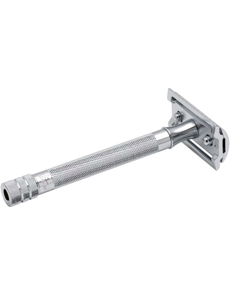 Back of Merkur 23C is classic safety razor with a 4" long handle