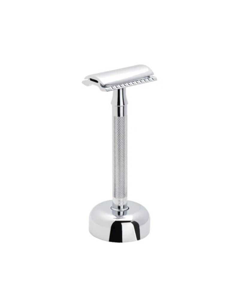 Chrome safety razor with round stand