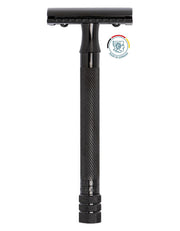 Merkur 23 Black metal safety razor with a textured grip handle, shown vertically against a plain white background. A circular 'Made in Germany' emblem is displayed in the upper right corner.