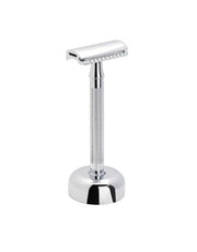 Merkur 24C safety razor with a bright chrome handle and stand, displayed against a white background.