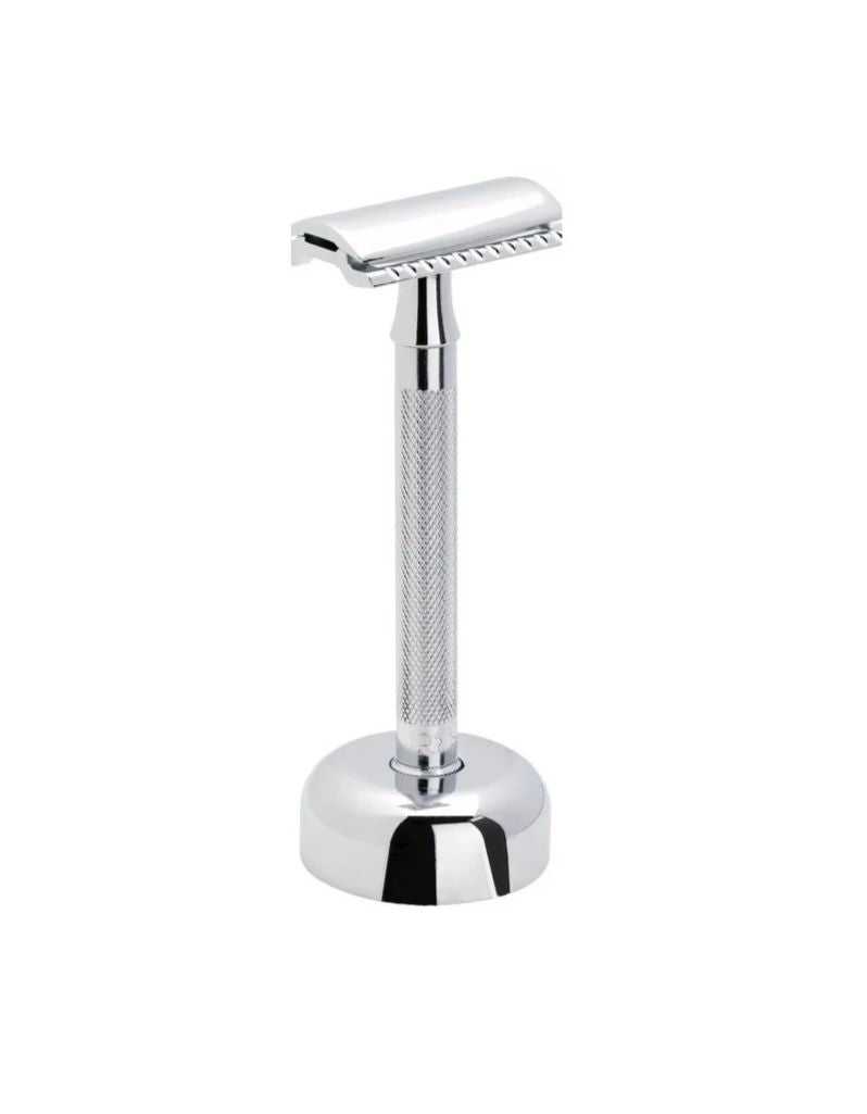 Merkur 24C safety razor with a bright chrome handle and stand, displayed against a white background.