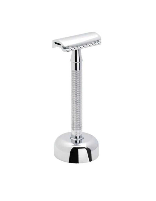 Merkur 24C safety razor with a bright chrome handle and stand, displayed against a white background.