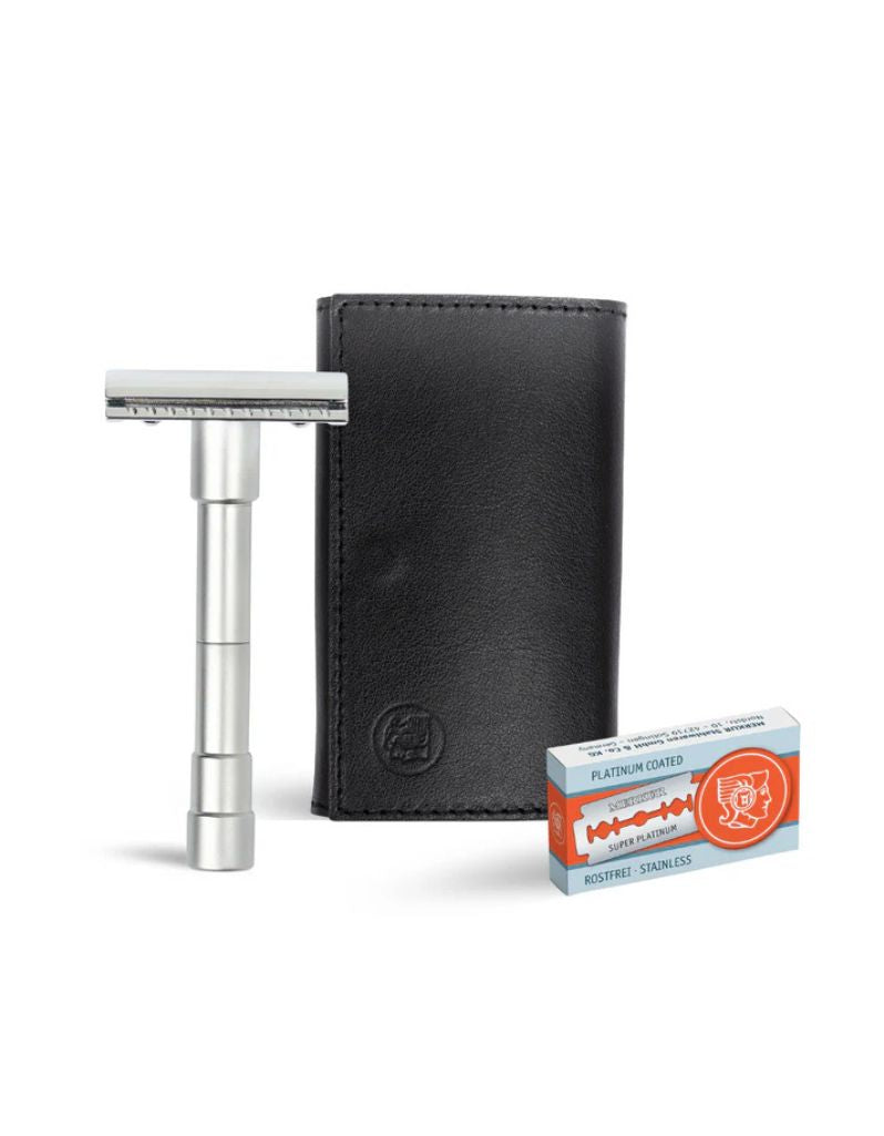 Merkur - 3-Piece Double Edge Travel Razor with Blades in Black Leather Case