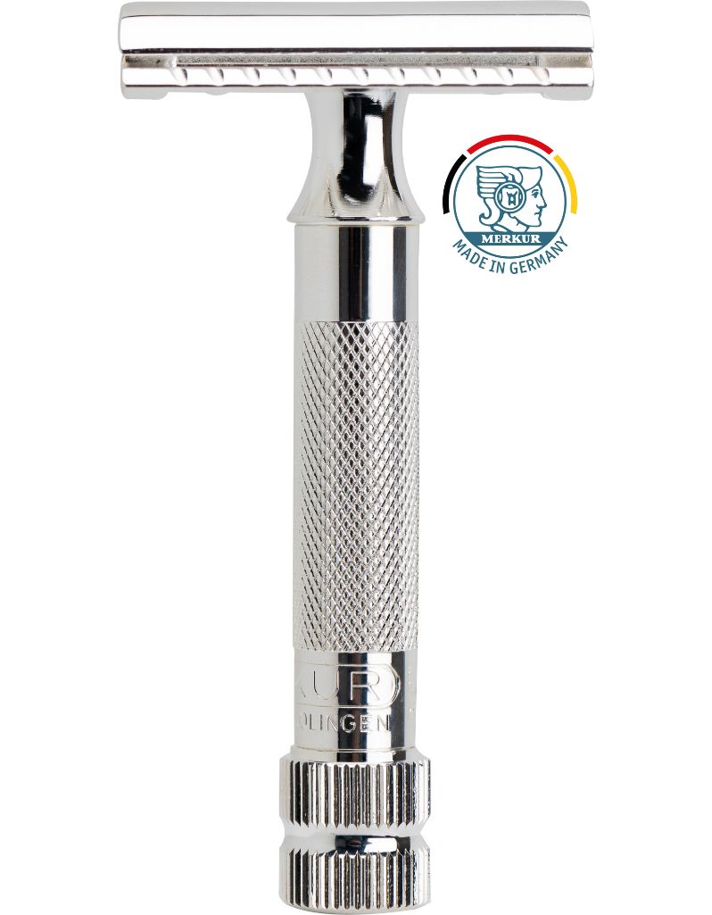 Merkur 34C polished chrome double-edge safety razor with a knurled grip and a T-shaped handle, shown on a white background with a 'Made in Germany' emblem.