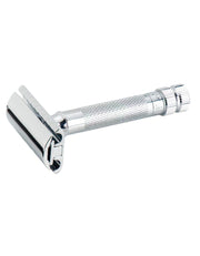 Chrome Merkur 34 ADJ adjustable safety razor with textured handle and safety guard, ideal for precise shaving, SKU: MERKUR34501