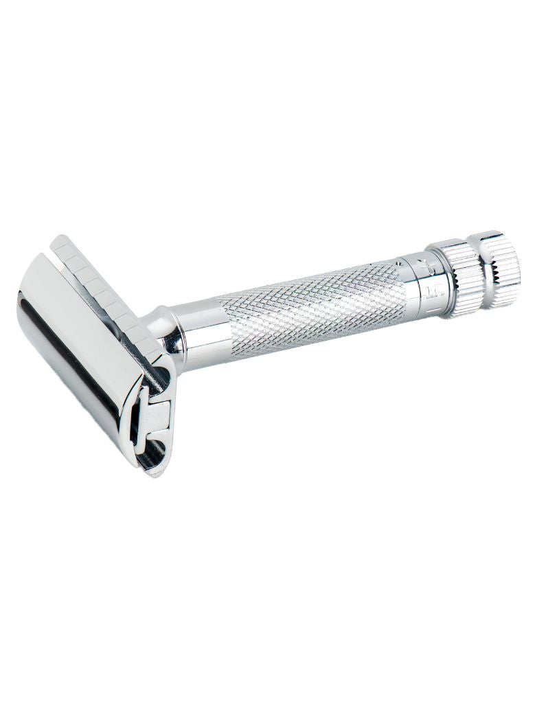 Chrome Merkur 34 ADJ adjustable safety razor with textured handle and safety guard, ideal for precise shaving, SKU: MERKUR34501