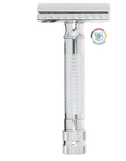 Chrome Merkur 34 ADJ adjustable safety razor with textured handle and safety guard, ideal for precise shaving, Top View