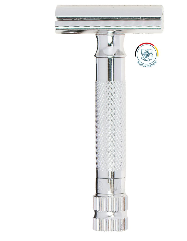 Chrome Merkur 34 ADJ adjustable safety razor with textured handle and safety guard, ideal for precise shaving, Top View