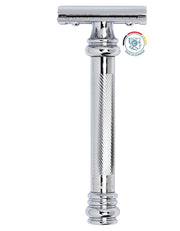 Merkur 38C safety razor with a polished chrome finish, featuring a ribbed textured grip and a silver metal head, shown against a plain white background with a 'Made in Germany' emblem.