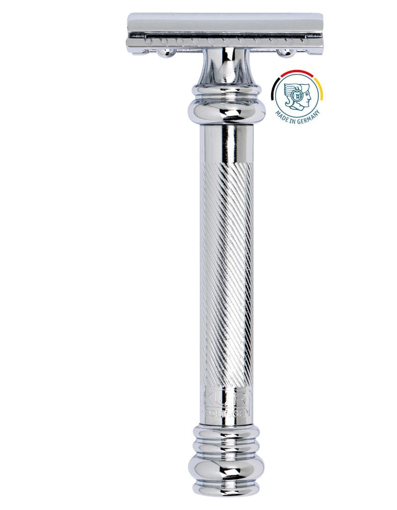 Merkur 38C safety razor with a polished chrome finish, featuring a ribbed textured grip and a silver metal head, shown against a plain white background with a 'Made in Germany' emblem.