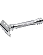 A long-handled, chrome-plated safety razor with a fluted handle and a straight razor head. Merkur 38C