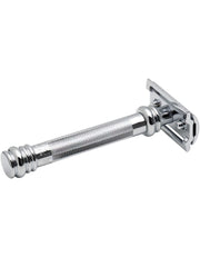 Merkur 38C safety razor with a polished chrome finish, featuring a ribbed handle and a flat blade, shown against a plain white background.