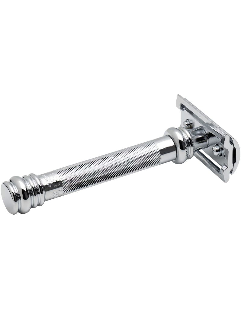 Merkur 38C safety razor with a polished chrome finish, featuring a ribbed handle and a flat blade, shown against a plain white background.