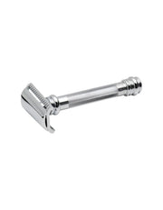 A silver Merkur 39c safety razor with a long handle and a slant cut blade, known for its heavy duty construction and torsion head.