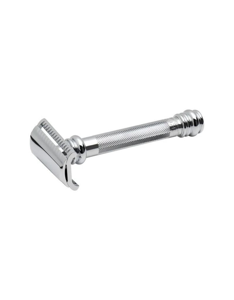 A silver Merkur 39c safety razor with a long handle and a slant cut blade, known for its heavy duty construction and torsion head.
