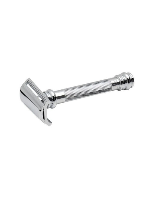 A silver Merkur 39c safety razor with a long handle and a slant cut blade, known for its heavy duty construction and torsion head.