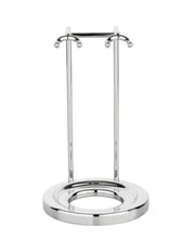 A bright chrome finish stand designed for holding a razor and brush, with hooks for each, on a solid base plate.