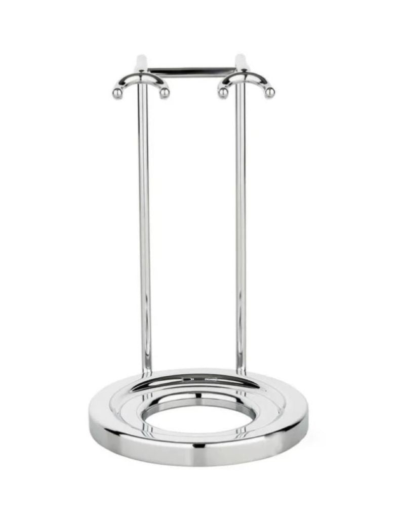 A bright chrome finish stand designed for holding a razor and brush, with hooks for each, on a solid base plate.