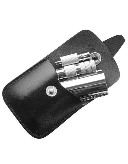 Merkur Travel Double Edge Safety Razor & Black Leather Case - New England Shaving Company