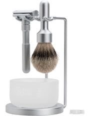 4 Piece Merkur Futur safety razor shaving set with brush, razor, glass bowl and stand.
