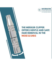 The Merkur Clipper nose and ear hair removal tool OFFERS GENTLE AND SAFE HAIR REMOVAL IN THE NOSE & EARS' and the Merkur Stahlwaren logo in the top right.
