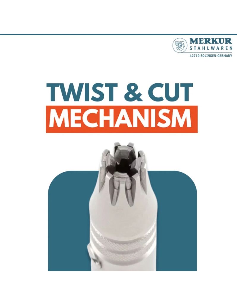 Merkur Stahlwaren Twist & Cut Mechanism, featuring a close-up of a nose and ear hair cutting tool against a white background with blue and orange text.