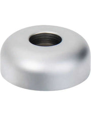 A round satin chrome razor stand with a central hole for a safety razor, with a rubber ring underneath.