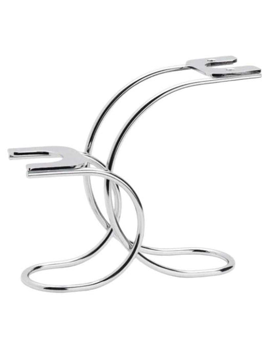 A bright chrome electroplated steel stand designed for hanging safety razors and shaving brushes.