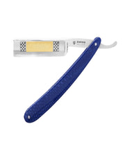 A straight razor with an acrylic blue handle and a stainless steel blade, featuring a square point design and engraved serial number.