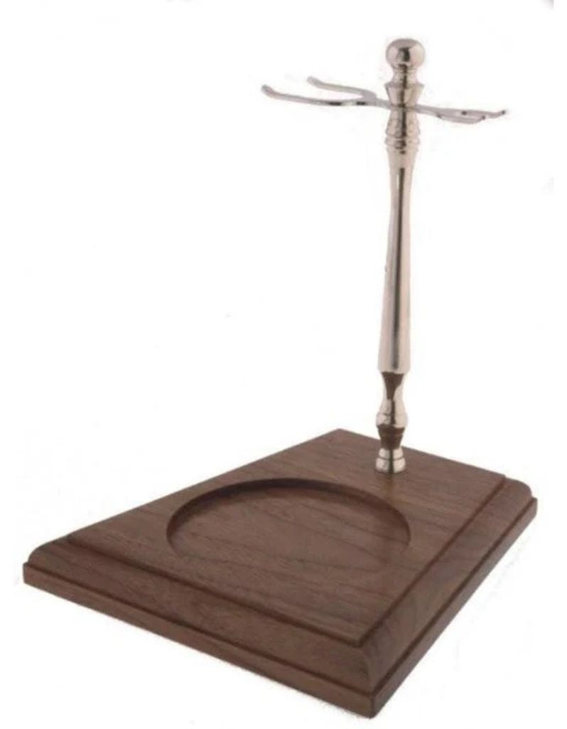 Razor and brush stand with Chrome metal and wooden base for shaving bowl
